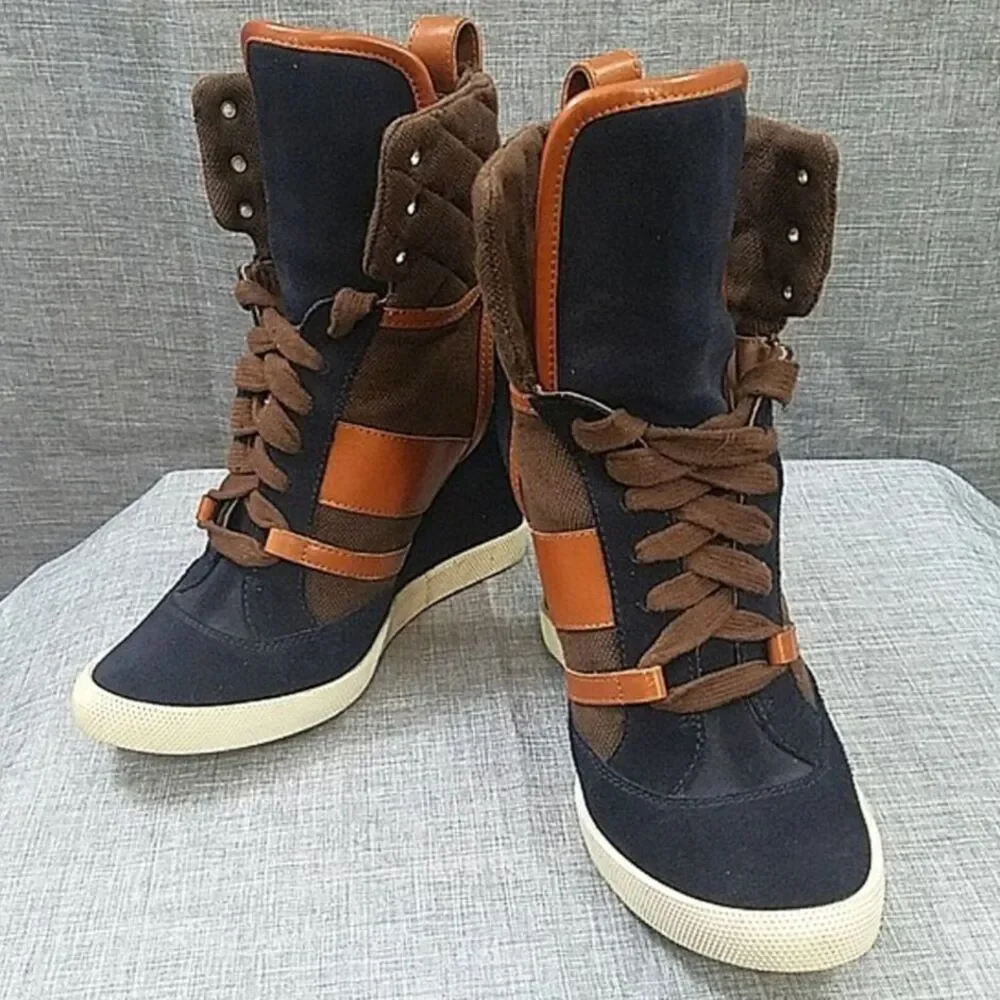 Chloe Kasia wedge sneaker - blue suede / tan leather brown quilted women's sz 38